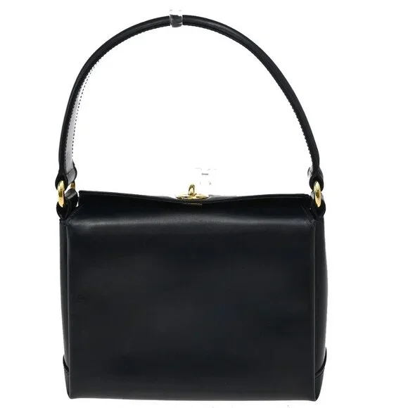 GUCCI Logo Shoulder Hand Bag Leather Navy Blue GHW Italy 35KB070